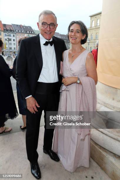 Norbert Reithofer, CEO BMW and his wife Angelika Reithofer during the premiere of "Hamlet" at the Munich Opera Festival 2023 on June 26, 2023 in...