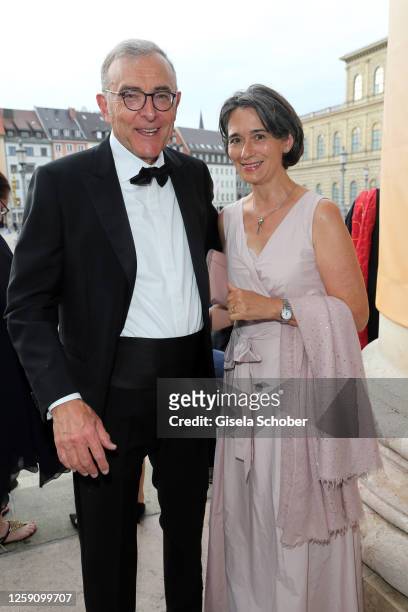 Norbert Reithofer, CEO BMW and his wife Angelika Reithofer during the premiere of "Hamlet" at the Munich Opera Festival 2023 on June 26, 2023 in...