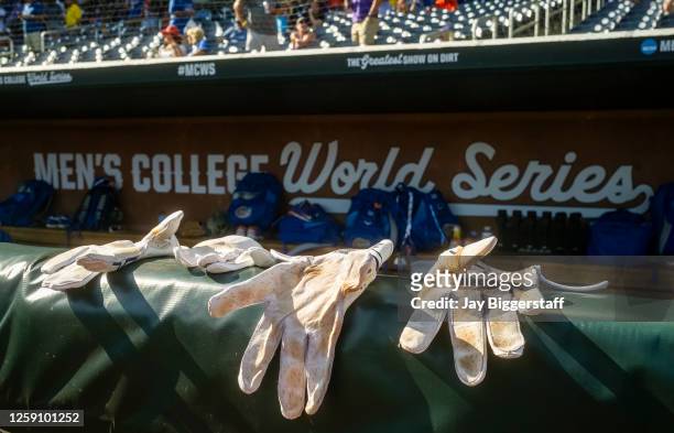 Batting gloves are seen on the rail to the Florida Gators dugout prior to Game 3 of the NCAA College World Series baseball finals against the LSU...