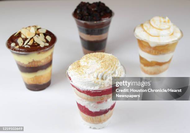 The Boston Creme Pie Cake parfait, Death by Chocolate parfait, Carmel Apple parfait and the Strawberry Shortcake parfait at Three Brothers Bakery...