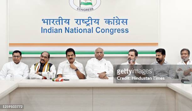 Congress President Mallikarjun Kharge with party leaders Rahul Gandhi and K.C. Venugopal, and Telangana Congress President Revanth Reddy during the...