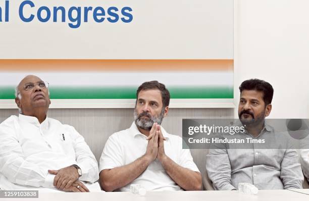 Congress President Mallikarjun Kharge with party leaders Rahul Gandhi and Telangana Congress President Revanth Reddy during the Congress joining...