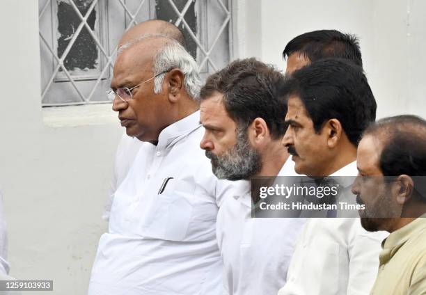 Congress President Mallikarjun Kharge with party leader Rahul Gandhi during a meeting where several former Bharat Rashtra Samithi leaders joined...