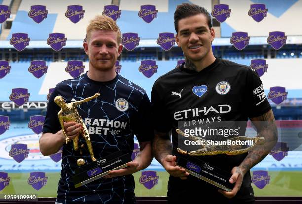 Ederson of Manchester City holds the Golden Glove Award and Kevin De Bruyne of Manchester City holds the Playmaker Award after the Premier League...