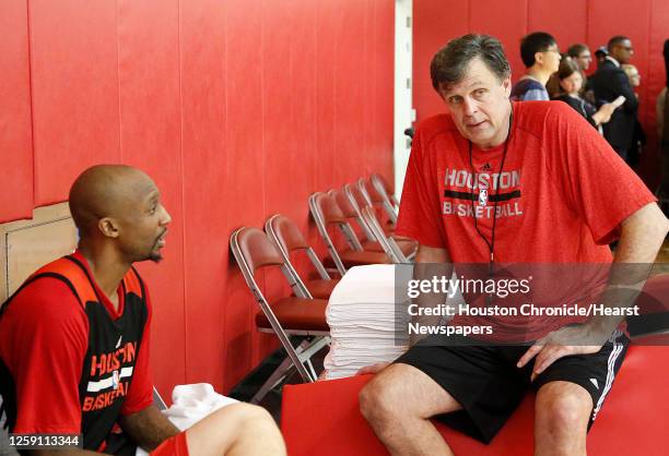 Houston Rockets guard Jason Terry left, and Rockets head coach Kevin McHale chat during the Rockets practice at the Toyota Center on Sunday, May 24...