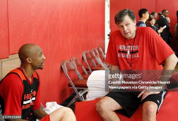 Houston Rockets guard Jason Terry left, and Rockets head coach Kevin McHale chat during the Rockets practice at the Toyota Center on Sunday, May 24...