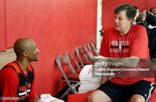 Houston Rockets guard Jason Terry left, and Rockets head coach Kevin McHale chat during the Rockets practice at the Toyota Center on Sunday, May 24...