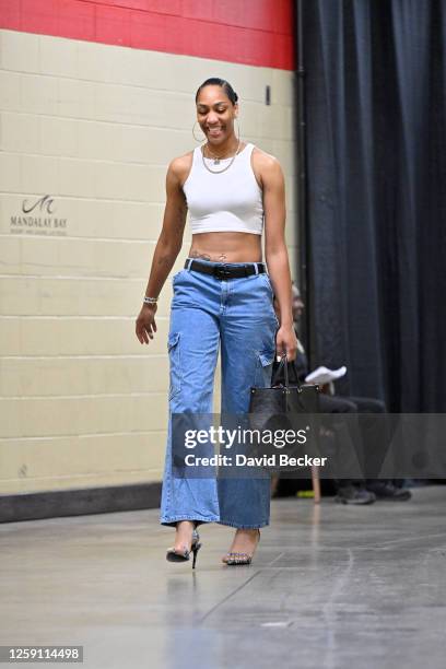 Ja Wilson of the Las Vegas Aces arrives to the arena before the game against the Indiana Fever on June 26, 2023 at Michelob ULTRA Arena in Las Vegas,...