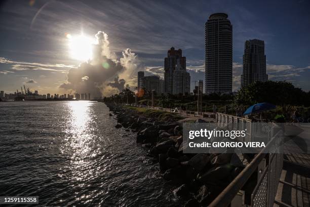 View of the Miami Bay entrance channel in Miami, Florida during a heat wave on June 26, 2023.