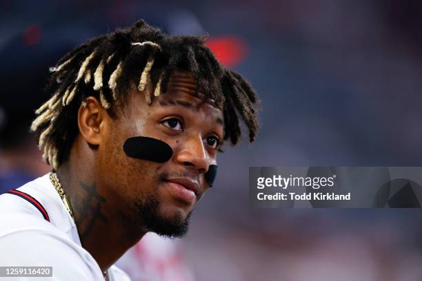 Ronald Acuna Jr. #13 of the Atlanta Braves looks on during the eighth inning against the Minnesota Twins at Truist Park on June 26, 2023 in Atlanta,...