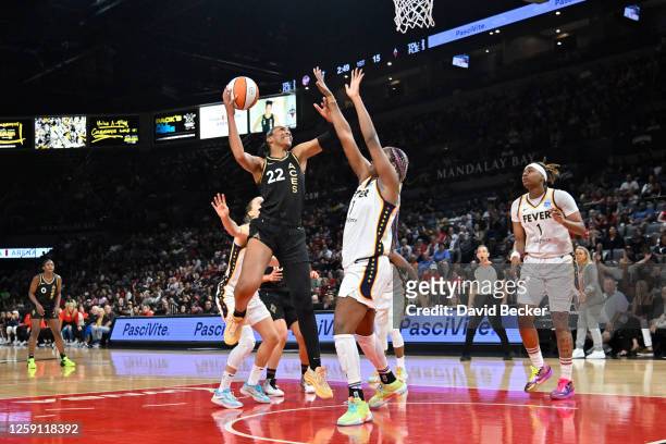 Ja Wilson of the Las Vegas Aces drives to the basket during the game against the Indiana Fever on June 26, 2023 at Michelob ULTRA Arena in Las Vegas,...