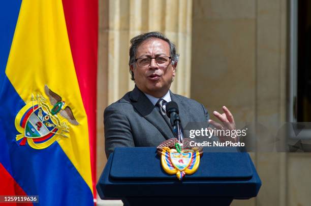 Colombian president Gustavo Petro during the honors ceremony to soldiers and indigenous who helped the rescue of the children missing during the...