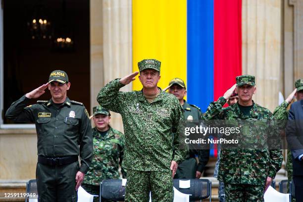 Colombia's police director William Rene Salamanca, Colombian Navy Commander Francisco Cubides and Army commander Luis Mauricio Ospina during the...