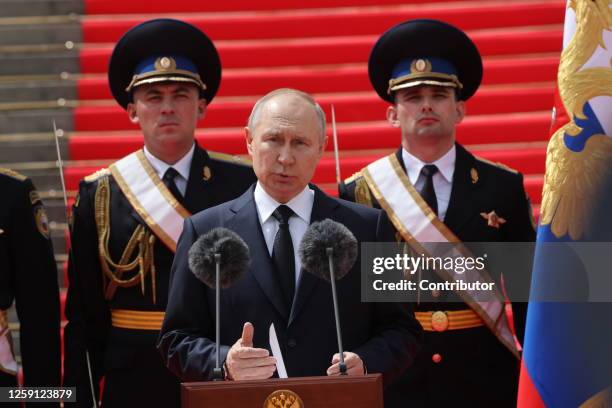 Russian President Vladimir Putin speeches during his meeting with officers of Russian army and secret services who prevented invasion of PMC Wagner...