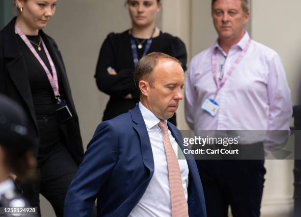 Former Health Secretary, Matt Hancock, leaves after giving evidence at the Covid-19 Inquiry hearing at Dorland House on June 27, 2023 in London,...