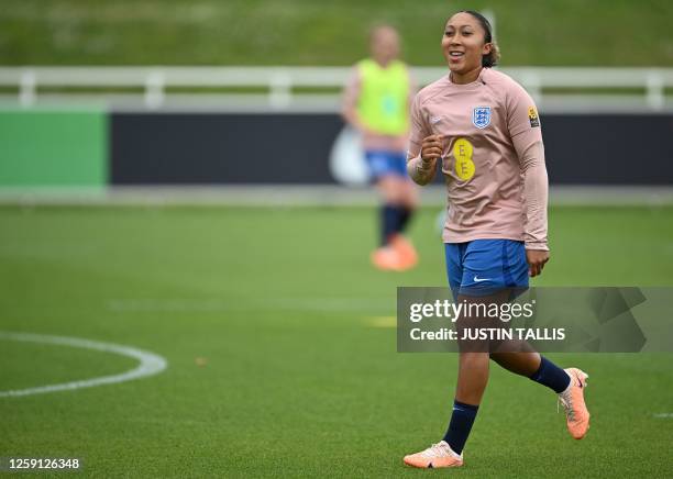 England's striker Lauren James attends a team training session at St George's Park in Burton-on-Trent, central England, on June 27, 2023 ahead of...