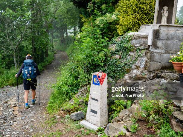 Pilgrim is passing by one of the yellow shells that mark the route in the Camino Primitivo, in Galicia, Spain, on May 31st, 2023.