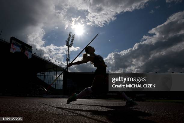 Czech Republic's Nikola Ogrodnikova competes in the Women's Javelin Throw event at the IAAF 2023 Golden Spike Athletics Meeting in Ostrava, Czech...
