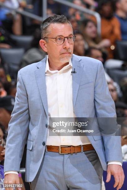 Head Coach Curt Miller of the Los Angeles Sparks looks on during the game on June 25, 2023 at Crypto.com Arena Los Angeles, California. NOTE TO USER:...