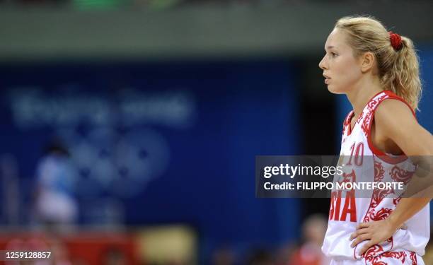 Russia's Ilona Korstin reacts during the women's semi-final basketball match Russia against The US of the Beijing 2008 Olympic Games on August 21,...