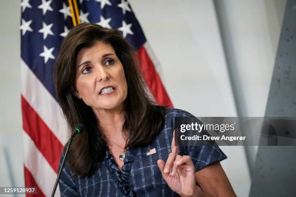 Republican presidential candidate, former U.N. Ambassador Nikki Haley speaks at the American Enterprise Institute on June 27, 2023 in Washington, DC....