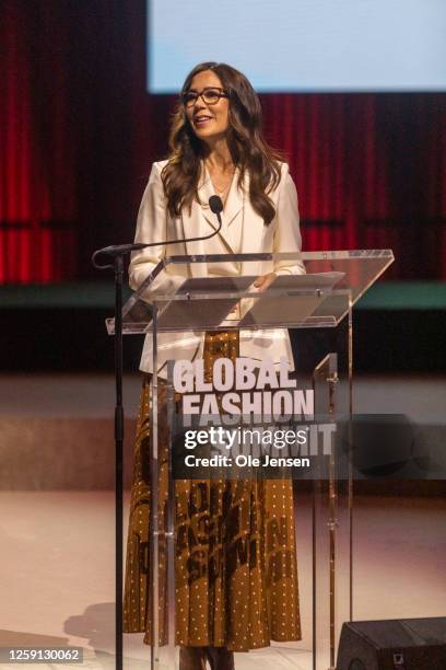 Crown Princess Mary of Denmark holds the Opening Speech at Copenhagen Global Fashion Summit: Copenhagen Edition 2023 at Koncerthuset on June 27, 2023...