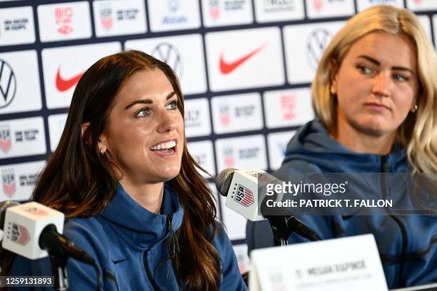 United States forward Alex Morgan and midfielder Lindsey Horan speak during a press conference for the 2023 FIFA Women's World Cup United States...