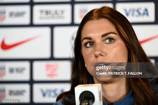 United States forward Alex Morgan speaks during a press conference for the 2023 FIFA Women's World Cup United States Women's National Soccer Team...