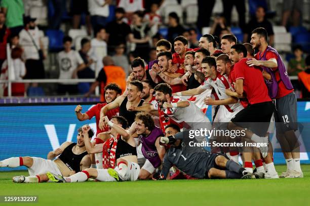 Players of Georgia celebrating reaching the quarterfinals during the EURO U21 match between Holland U21 v Georgia U21 at the Dynamo Arena on June 27,...