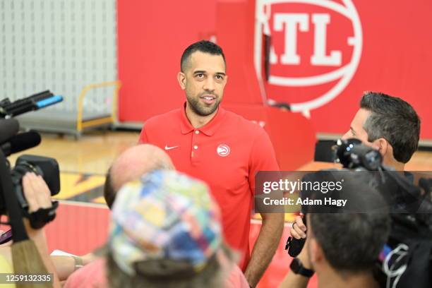 26th: Landry Fields talks to the media during the press conference introducing the 2023 draft picks at the Emory Practice courts on June 26th, 2023...