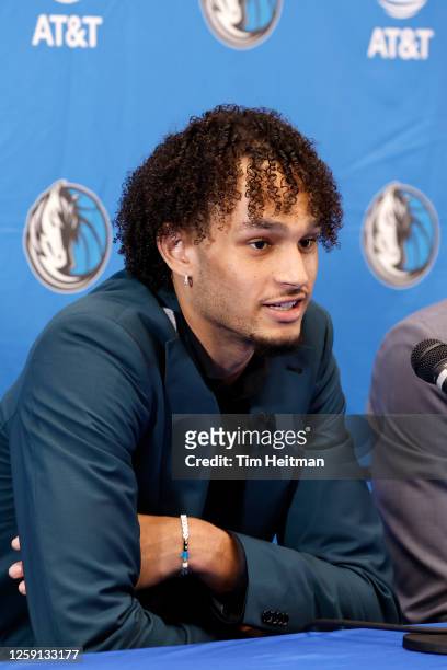 Dereck Lively II of the Dallas Mavericks talks to the press on June 26, 2023 at the American Airlines Center in Dallas, Texas. NOTE TO USER: User...