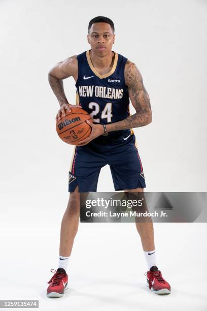 Jordan Hawkins of the New Orleans Pelicans poses for a portrait on June 27, 2023 at the Smoothie King Center in New Orleans, Louisiana. NOTE TO USER:...