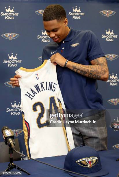 Jordan Hawkins of the New Orleans Pelicans talks to the press on June 27, 2023 in Metairie, Louisiana. NOTE TO USER: User expressly acknowledges and...