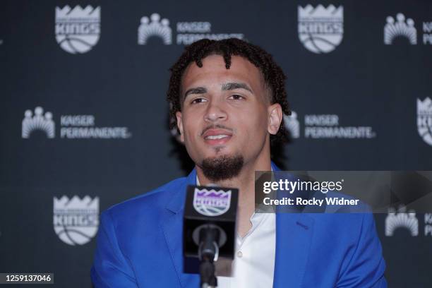 Jalen Slawson of the Sacramento Kings talks to the press on June 27, 2023 at Golden 1 Center in Sacramento, California. NOTE TO USER: User expressly...