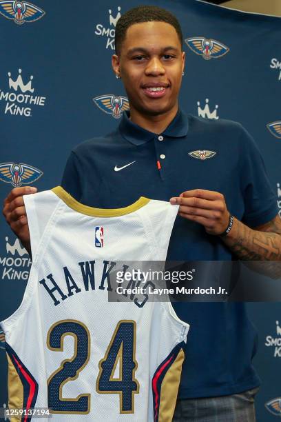 Jordan Hawkins of the New Orleans Pelicans poses for a photo on June 27, 2023 in Metairie, Louisiana. NOTE TO USER: User expressly acknowledges and...