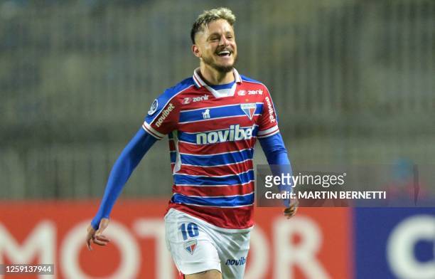 Fortaleza's midfielder Lucas Crispim celebrates after scoring during the Copa Sudamericana group stage second leg football match between Chile's...