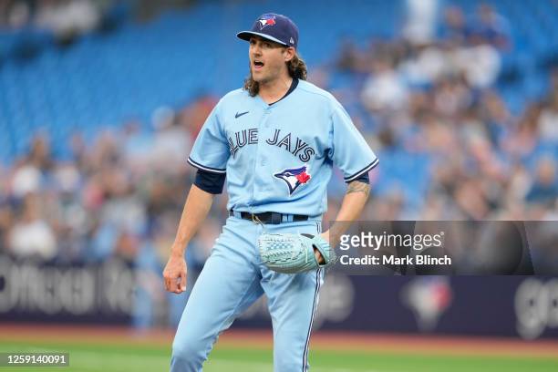 Kevin Gausman of the Toronto Blue Jays reacts during the first inning against the San Francisco Giants at the Rogers Centre on June 27, 2023 in...
