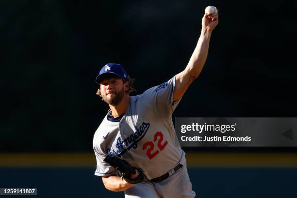 Starting pitcher Clayton Kershaw of the Los Angeles Dodgers delivers to home plate in the first inning against the Colorado Rockies at Coors Field on...