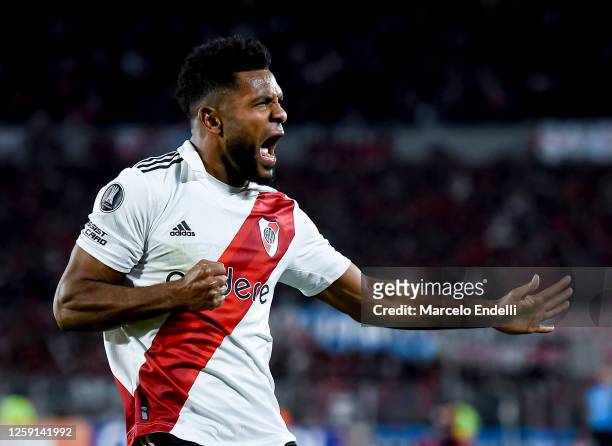 Miguel Borja of River Plate celebrates after scoring the team´s second goal during a Copa CONMEBOL Libertadores 2023 group D match between River...