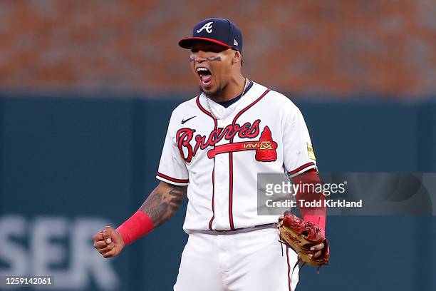 Orlando Arcia of the Atlanta Braves reacts during the fourth inning against the Minnesota Twins at Truist Park on June 27, 2023 in Atlanta, Georgia.