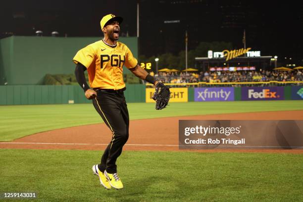 Josh Palacios of the Pittsburgh Pirates reacts after catching the final out in the top of the seventh inning during the game between the San Diego...