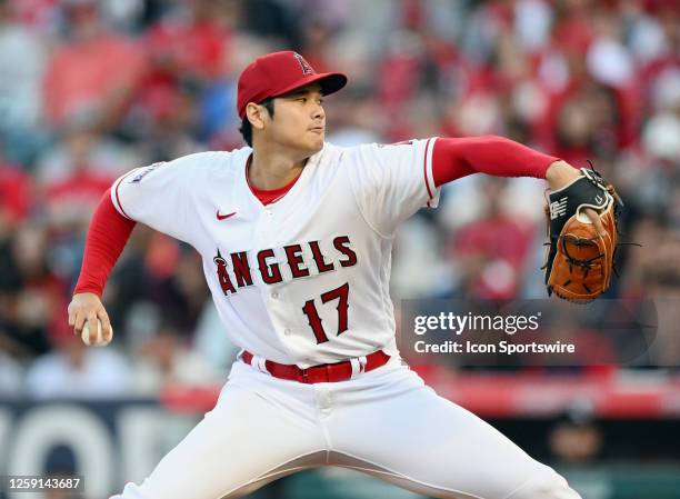 Los Angeles Angels pitcher Shohei Ohtani pitching during an MLB baseball game against the Chicago White Sox played on June 27, 2023 at Angel Stadium...