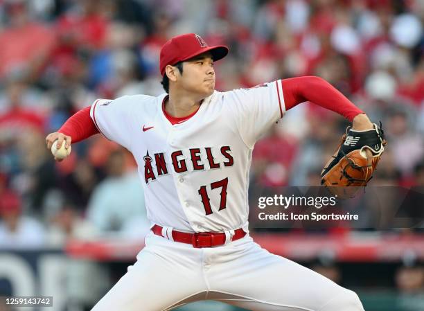 Los Angeles Angels pitcher Shohei Ohtani pitching during an MLB baseball game against the Chicago White Sox played on June 27, 2023 at Angel Stadium...