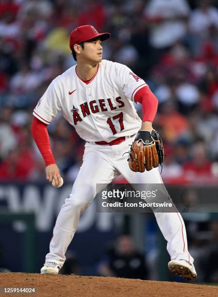 Los Angeles Angels pitcher Shohei Ohtani pitching during an MLB baseball game against the Chicago White Sox played on June 27, 2023 at Angel Stadium...
