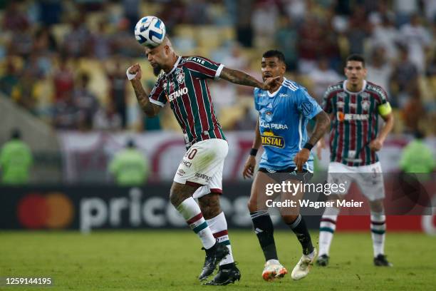 Felipe Melo of Fluminense heads the ball during a Copa CONMEBOL Libertadores 2023 Group D match between Fluminense and Sporting Cristal at Maracana...