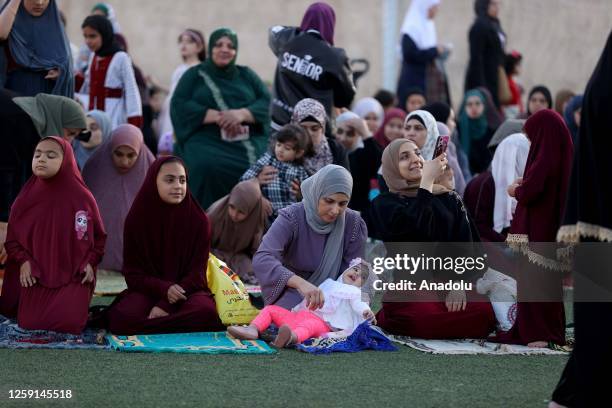 Palestinian Muslims perform Eid al-Adha prayer at an open area in Ramallah, West Bank on June 28, 2023.