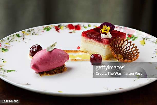 Early Summer Cherry Sponge Cake with Laughing Duck lemon verbena, citrus chantilly, lemon curd and bing cherry sherbet at Three Blacksmiths...