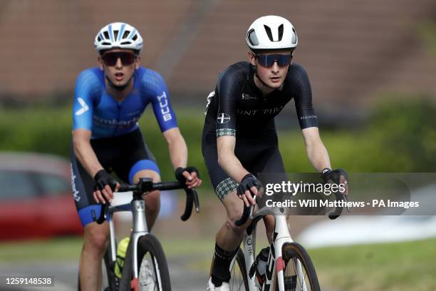 Saint Piran's Adam Lewis and Embark Spirit BSS' Matthew Houlberg in action during the men's road race for the 2023 British National Road...