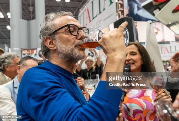 Micheline 3-star chef Massimo Bottura tasted sparkling wine Radice he mixed with Modena balsamic vinegar during a presentation at Emilia-Romagna...