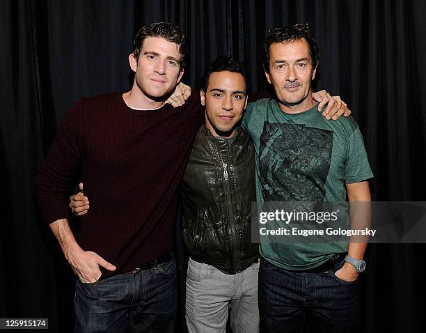 Bryan Greenburg, Victor Rasuk and Julian Farino visit the Apple Store Soho on September 21, 2011 in New York City.